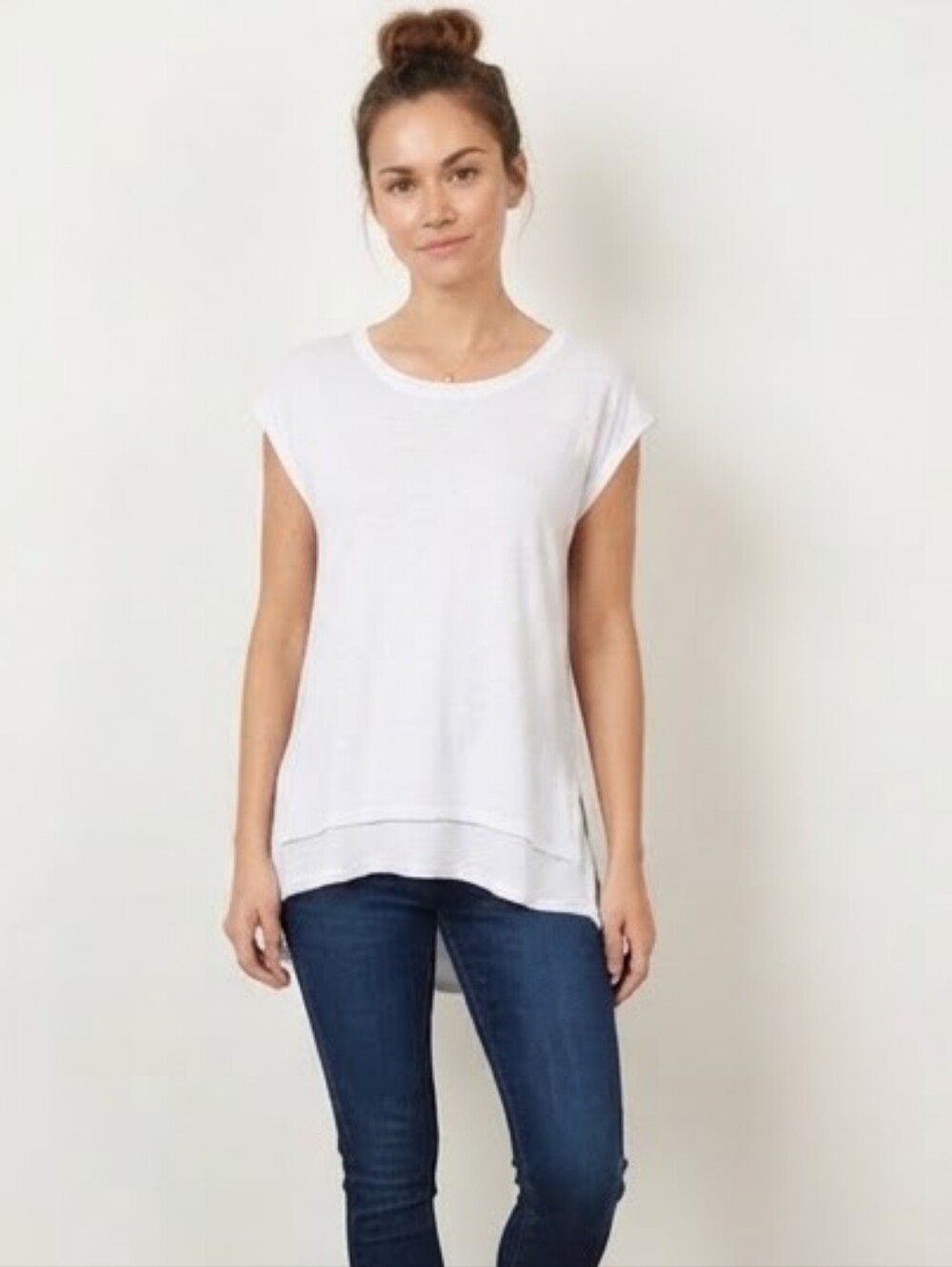 Democracy Linen Blend White Grey Pattern Layered High Low Top Size S NWT